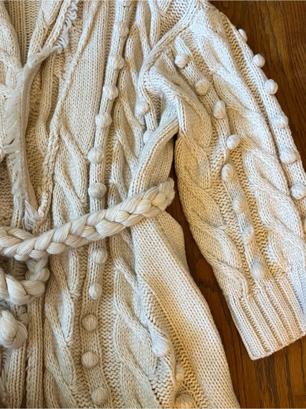 Farm Rio Khaki cream Braided Knit wrap Cardigan rope belt fall vibes sz small S - Picture 11 of 13